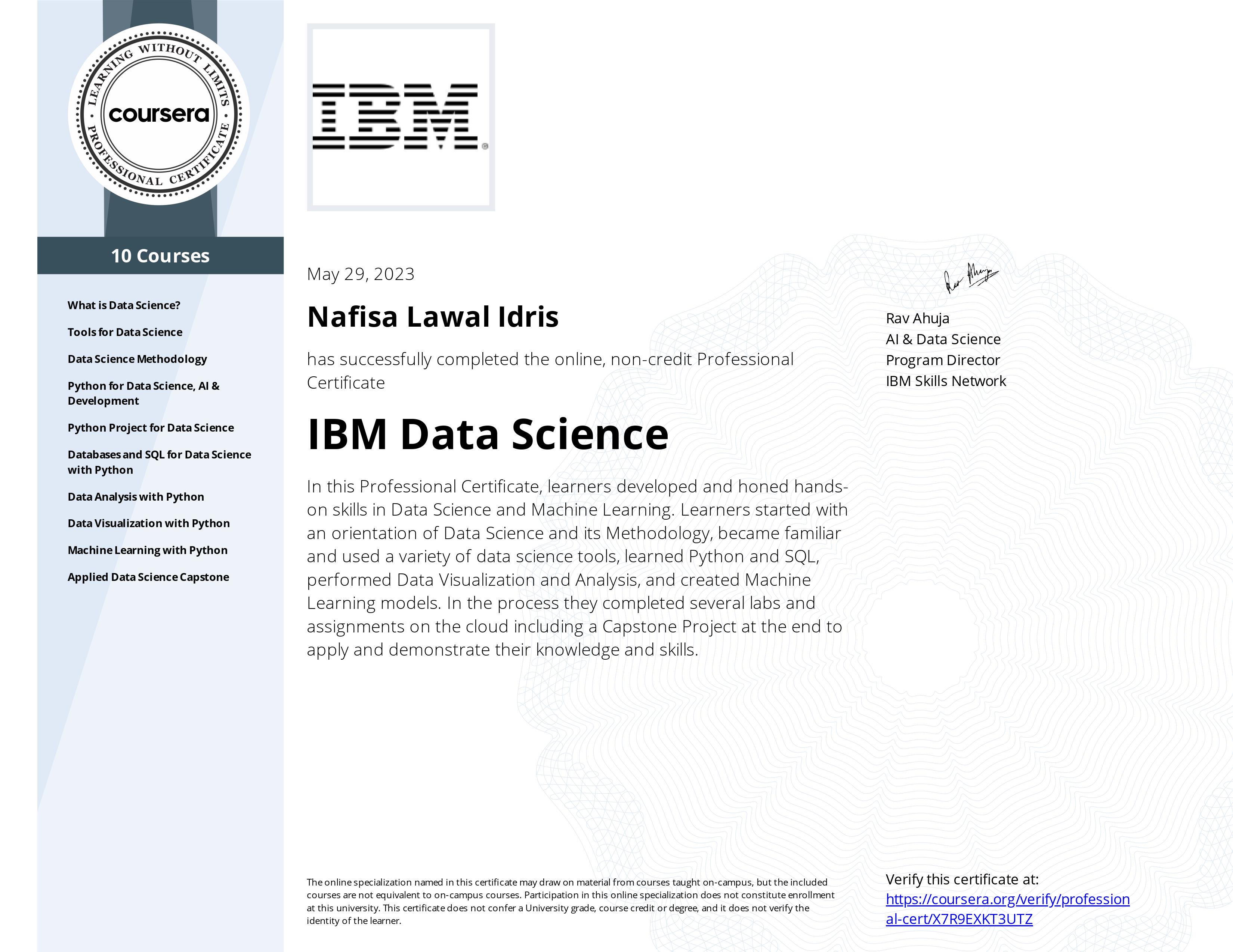 Coursera IBM Data Science Certificate